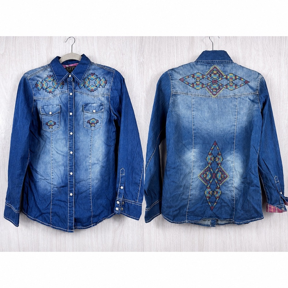 Cowgirl Up Denim Shirt Womens S Embroidered Pearl Snap Western‎ Rodeo Cowgirl